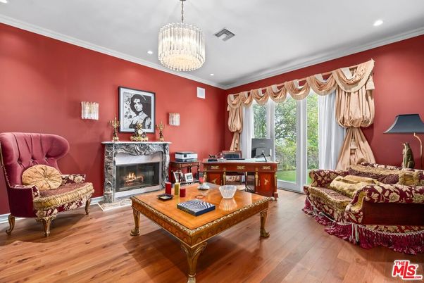 Chandelier, Fireplace, Home Office, Interior, Living room, Recessed Lighting, Wood Texture Flooring