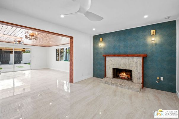 Empty room, Fireplace, Interior, Recessed Lighting, Wooden Ceilings