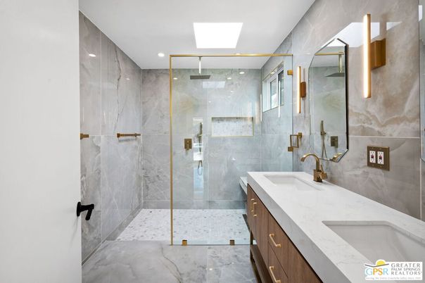 Bathroom, Dual Sink Vanities, Glass Shower, Interior, Marble, Marble Walls, Recessed Lighting