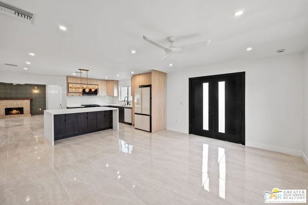 Fireplace, Interior, Kitchen, Pendant Lights, Recessed Lighting, Stainless Steel Appliances