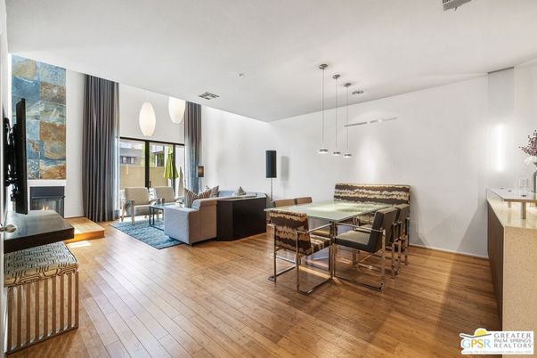 Dining room, Fireplace, Interior, Living room, Pendant Lights, Wood Texture Flooring