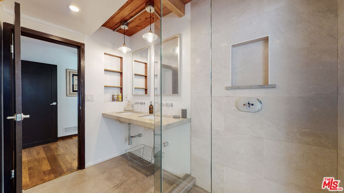 Bathroom, Glass Shower, Interior, Pendant Lights, Recessed Lighting, Wooden Beams, Wooden Ceilings, Wood Texture Flooring
