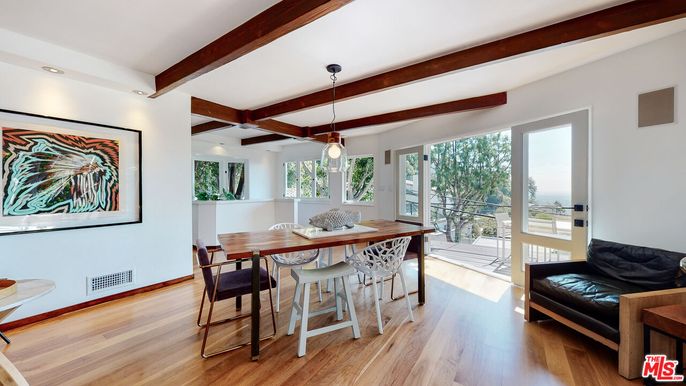 Dining room, Interior, Pendant Lights, Recessed Lighting, Wooden Beams, Wood Texture Flooring