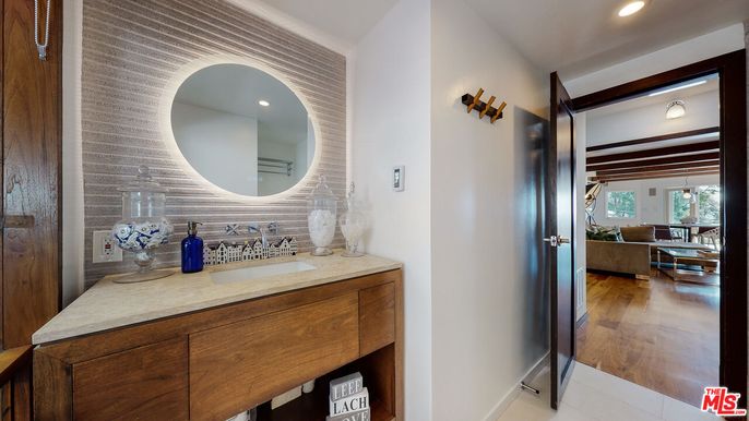 Bathroom, Interior, Recessed Lighting, Wooden Beams, Wood Texture Flooring