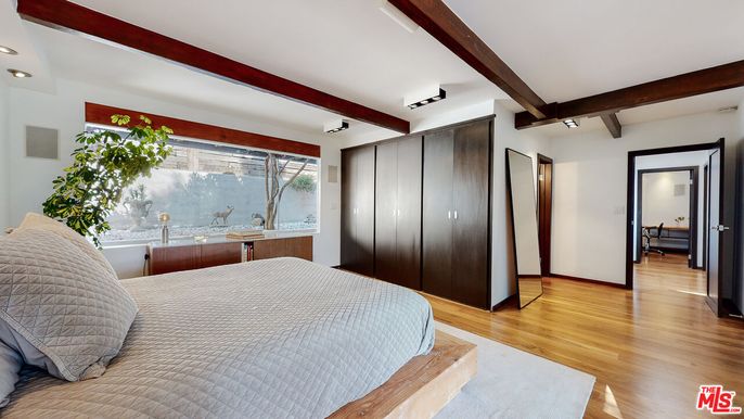 Bedroom, Interior, Recessed Lighting, Wooden Beams, Wood Texture Flooring