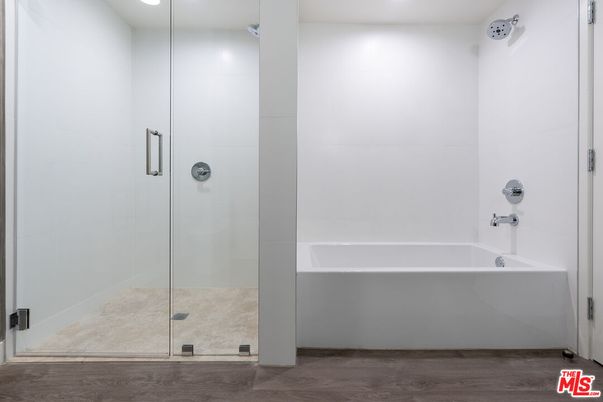 Bathroom, Glass Shower, Interior, Recessed Lighting, Wood Texture Flooring