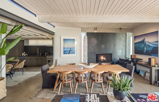 Dining room, Fireplace, Interior, Wooden Beams, Wood Texture Flooring