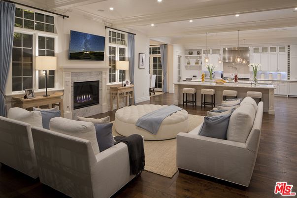 Fireplace, Interior, Kitchen, Living room, Pendant Lights, Recessed Lighting, Wood Texture Flooring