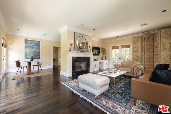 Dining room, Fireplace, Interior, Living room, Recessed Lighting, Wood Texture Flooring