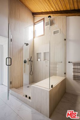 Bathroom, Glass Shower, Interior, Marble, Wooden Ceilings