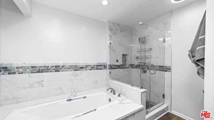 Bathroom, Glass Shower, Interior, Marble Walls, Recessed Lighting, Wood Texture Flooring