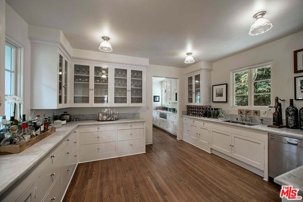 Interior, Kitchen, Tile Countertops, Wood Texture Flooring