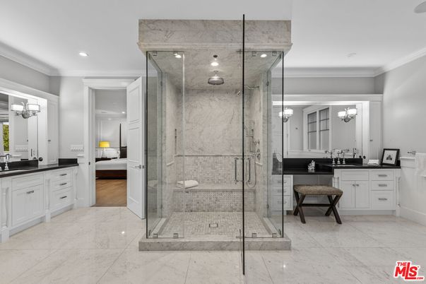 Bathroom, Glass Shower, Interior, Marble, Marble Walls, Recessed Lighting, Wood Texture Flooring