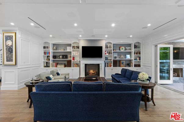 Fireplace, Interior, Living room, Recessed Lighting, Wood Texture Flooring