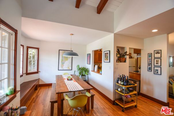 Dining room, Interior, Pendant Lights, Recessed Lighting, Wooden Beams, Wood Texture Flooring