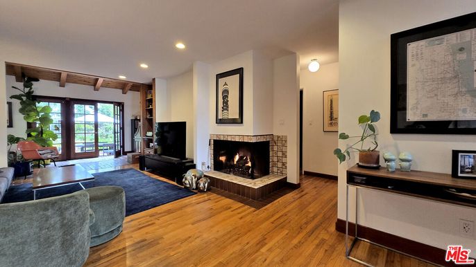 Fireplace, Interior, Living room, Recessed Lighting, Wooden Beams, Wooden Ceilings, Wood Texture Flooring