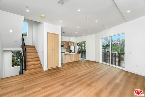 Empty room, Interior, Kitchen, Recessed Lighting, Wood Texture Flooring