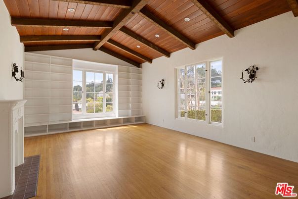 Empty room, Fireplace, Interior, Recessed Lighting, Wooden Beams, Wooden Ceilings, Wood Texture Flooring