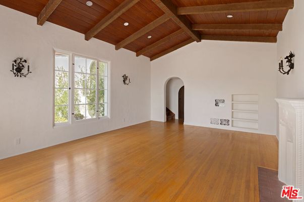 Empty room, Fireplace, Interior, Recessed Lighting, Wooden Beams, Wooden Ceilings, Wood Texture Flooring