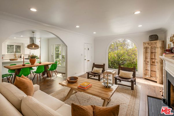 Dining room, Fireplace, Interior, Living room, Pendant Lights, Recessed Lighting, Wood Texture Flooring