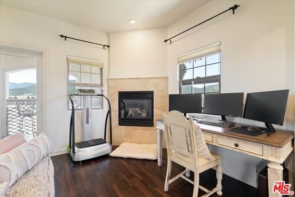 Fireplace, Home Office, Interior, Recessed Lighting, Wood Texture Flooring