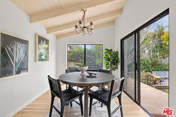 Chandelier, Dining room, Interior, Wooden Beams, Wood Texture Flooring