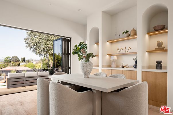 Dining room, Interior, Living room, Recessed Lighting, Wood Texture Flooring