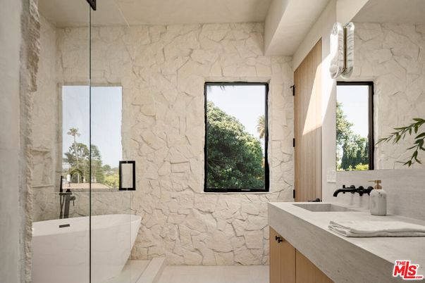 Bathroom, Free Standing Baths, Glass Shower, Interior, Marble Walls, Stone Walls