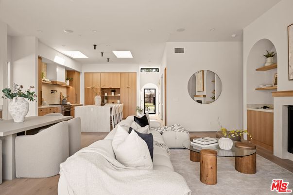 Fireplace, Interior, Kitchen, Living room, Recessed Lighting, Wood Texture Flooring