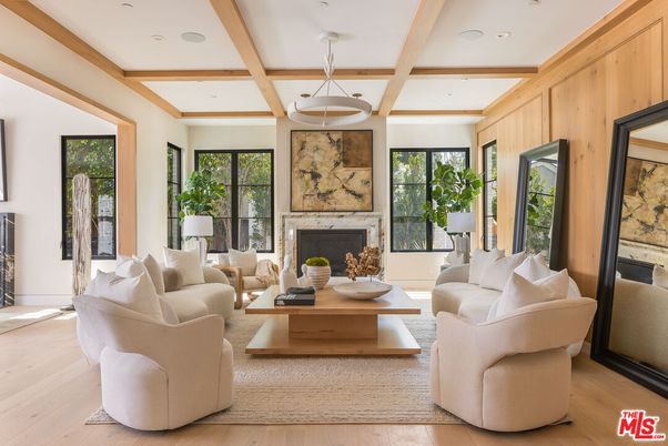 Fireplace, Interior, Living room, Pendant Lights, Recessed Lighting, Stone Walls, Wooden Beams, Wood Texture Flooring