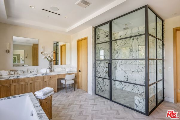 Bathroom, Dual Sink Vanities, Glass Shower, Interior, Marble Walls, Recessed Lighting