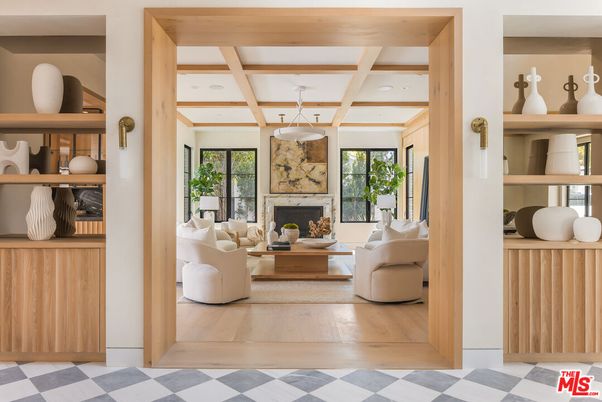 Fireplace, Interior, Living room, Pendant Lights, Recessed Lighting, Wooden Beams, Wood Texture Flooring