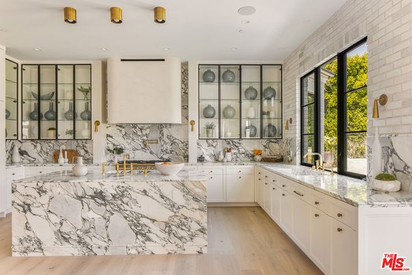 Interior, Kitchen, Marble Walls, Recessed Lighting, Wood Texture Flooring