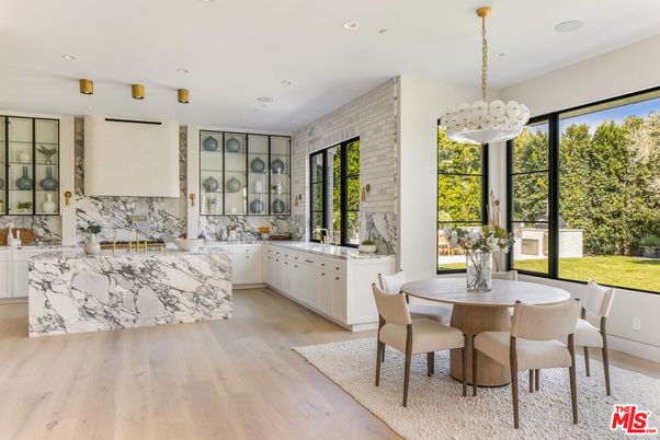 Dining room, Interior, Marble Walls, Pendant Lights, Recessed Lighting, Wood Texture Flooring