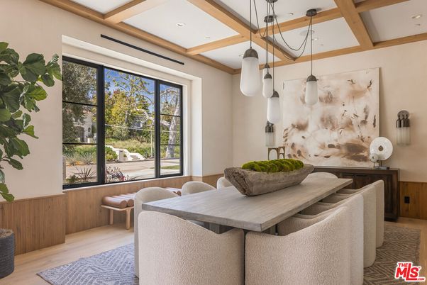 Dining room, Interior, Pendant Lights, Recessed Lighting, Wooden Beams, Wood Texture Flooring