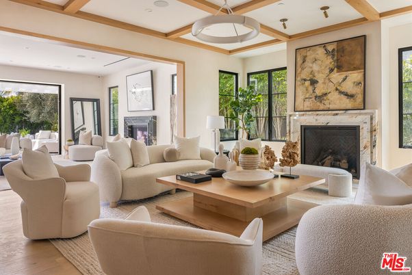 Fireplace, Interior, Living room, Recessed Lighting, Wooden Beams, Wood Texture Flooring