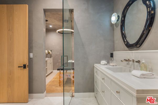 Bathroom, Glass Shower, Interior, Recessed Lighting, Wood Texture Flooring