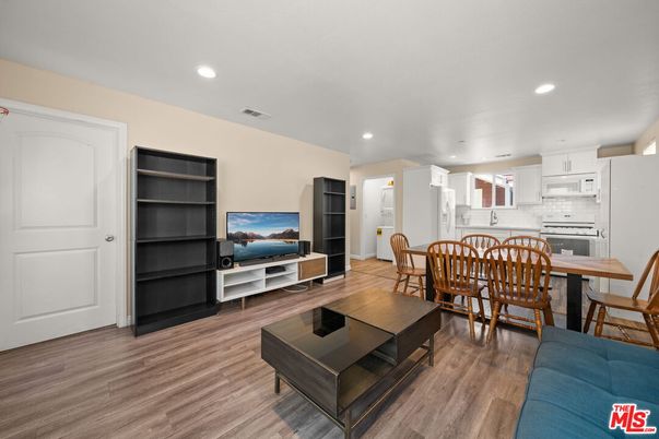 Dining room, Interior, Kitchen, Living room, Recessed Lighting, Wood Texture Flooring
