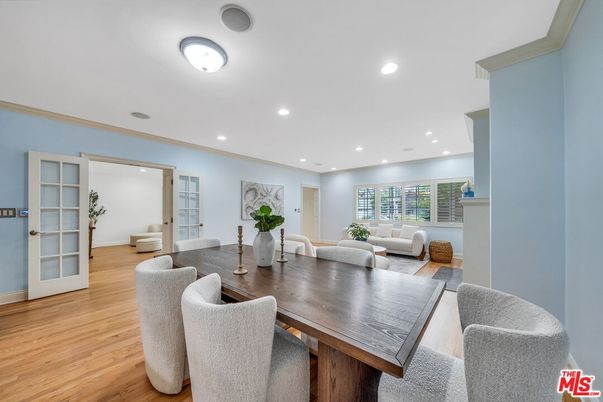 Dining room, Fireplace, Interior, Living room, Recessed Lighting, Wood Texture Flooring