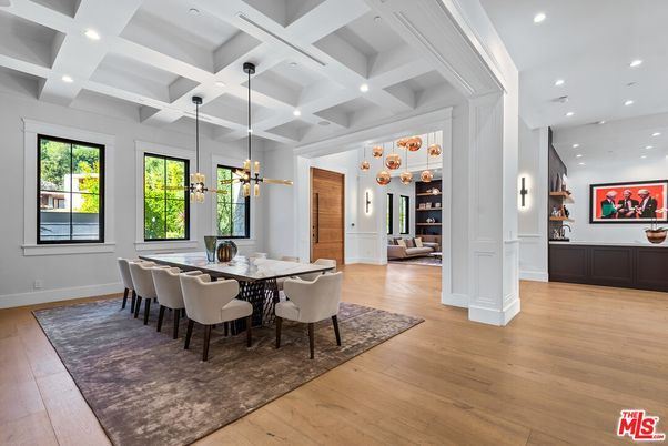 Dining room, Interior, Living room, Pendant Lights, Recessed Lighting, Wood Texture Flooring