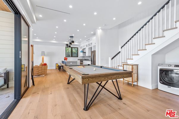 Billiard Table, Game Room, Interior, Pendant Lights, Recessed Lighting, Wood Texture Flooring