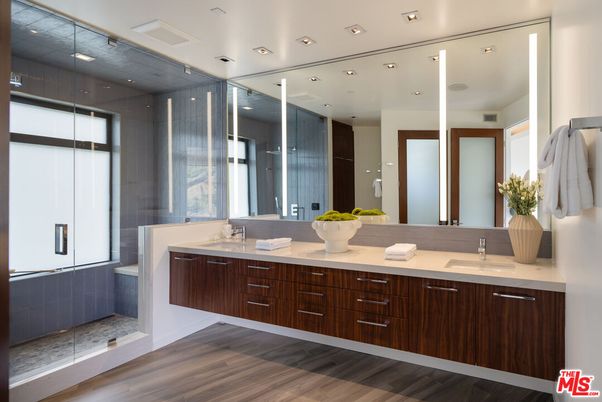 Bathroom, Dual Sink Vanities, Glass Shower, Interior, Recessed Lighting, Wood Texture Flooring