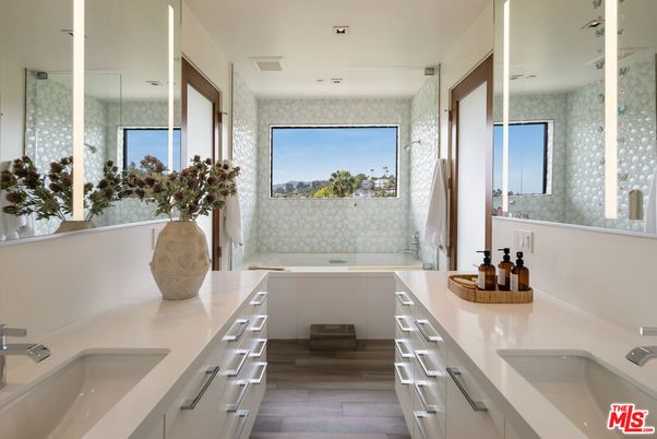 Bathroom, Dual Sink Vanities, Interior, Recessed Lighting, Wood Texture Flooring