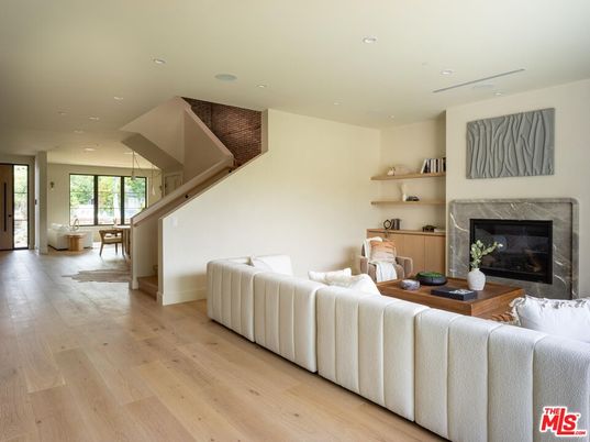 Fireplace, Interior, Living room, Recessed Lighting, Wood Texture Flooring
