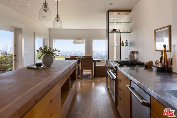 Dining room, Interior, Kitchen, Pendant Lights, Stainless Steel Appliances, Wood Texture Flooring