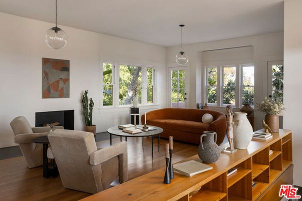 Dining room, Fireplace, Interior, Living room, Pendant Lights, Wood Texture Flooring
