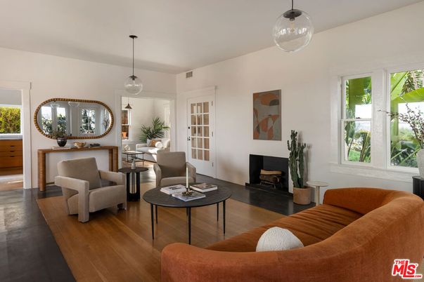 Dining room, Fireplace, Interior, Living room, Pendant Lights, Wood Texture Flooring