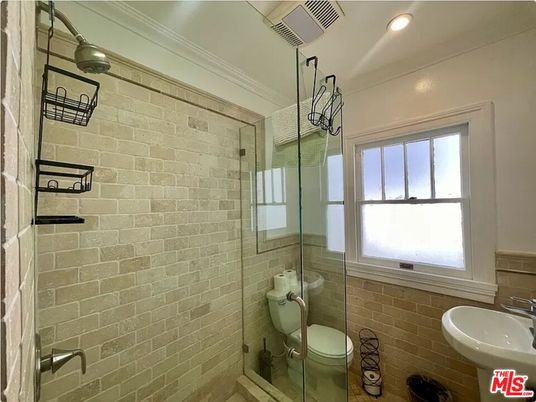 Bathroom, Glass Shower, Interior, Recessed Lighting, Stone Walls