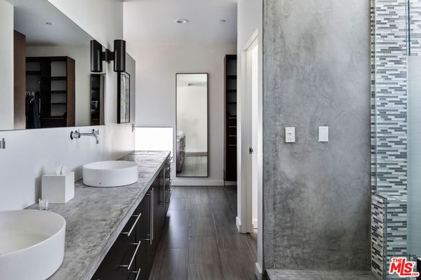 Bathroom, Dual Sink Vanities, Free Standing Baths, Interior, Recessed Lighting, Wood Texture Flooring