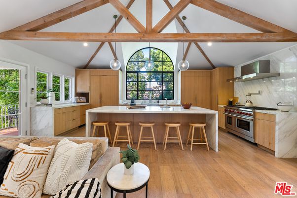 Interior, Kitchen, Pendant Lights, Recessed Lighting, Stainless Steel Appliances, Wooden Beams, Wood Texture Flooring